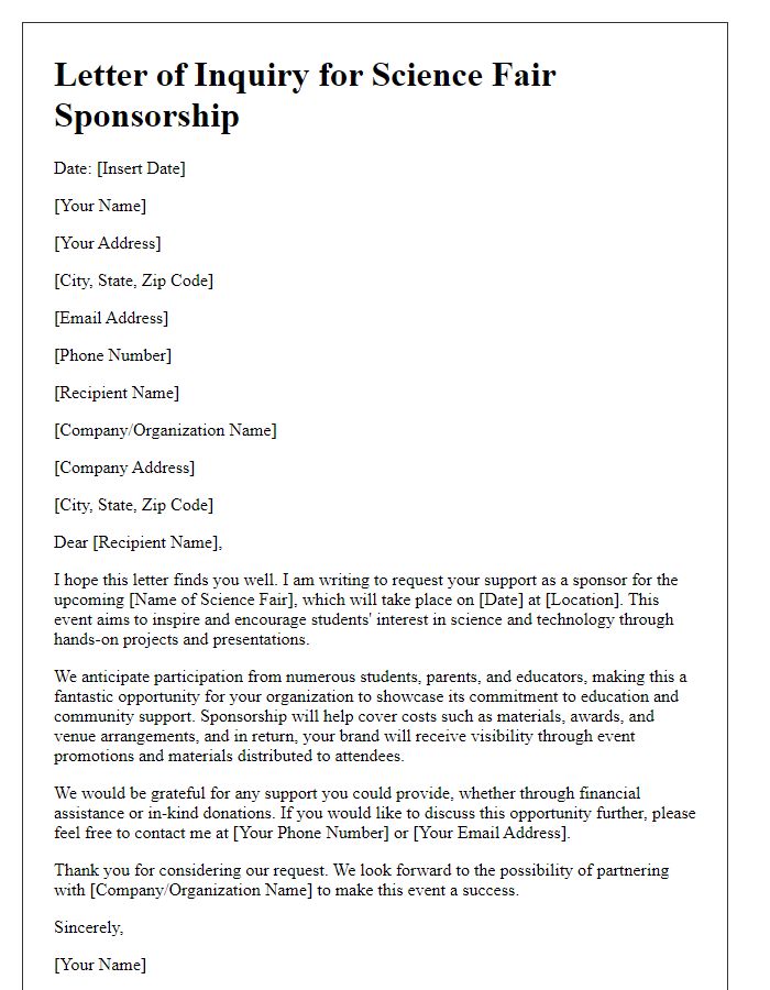 Letter template of science fair sponsorship inquiry