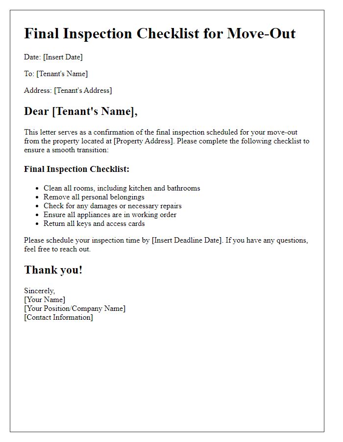 Letter template of final inspection checklist for move-out.