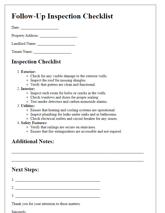 Letter template of follow-up inspection checklist for landlords.