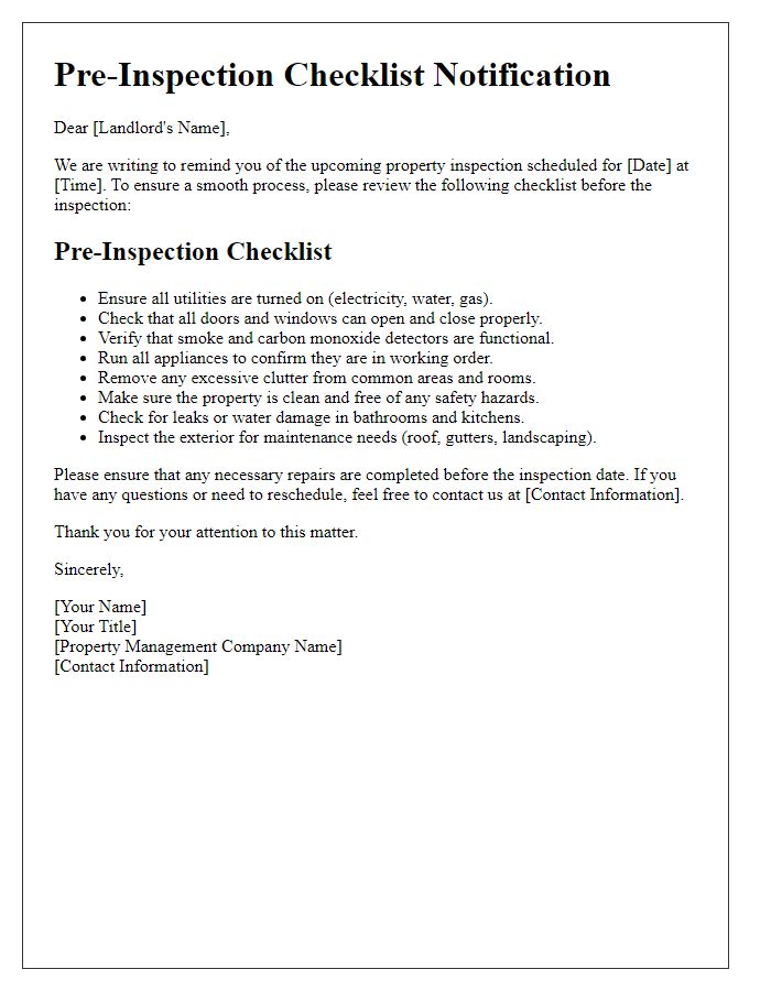 Letter template of pre-inspection checklist for landlords.