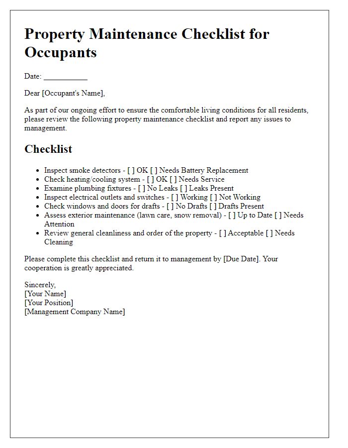 Letter template of property maintenance checklist for occupants.