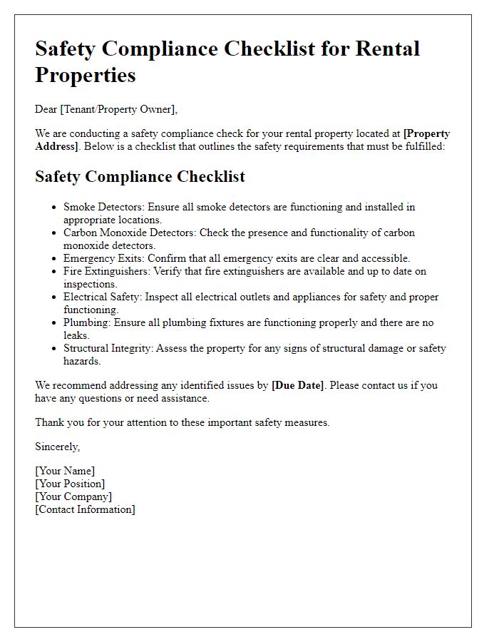 Letter template of safety compliance checklist for rental properties.