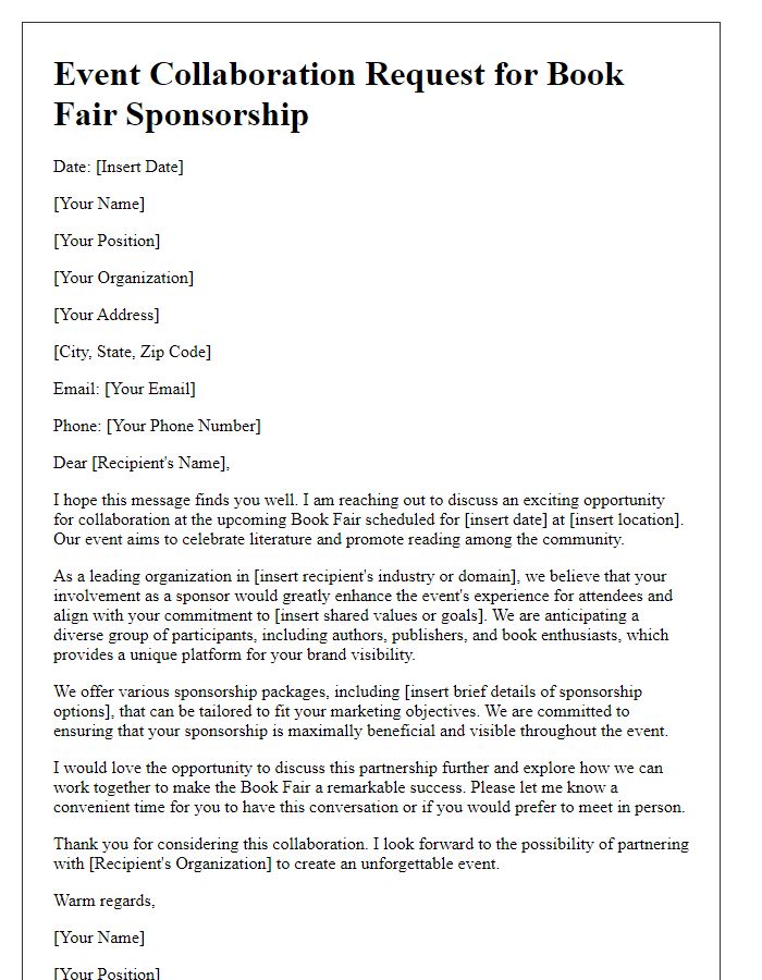 Letter template of event collaboration request for book fair sponsorship