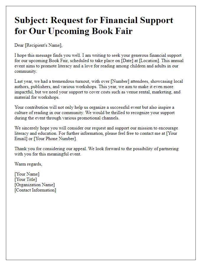 Letter template of financial support appeal for book fair event