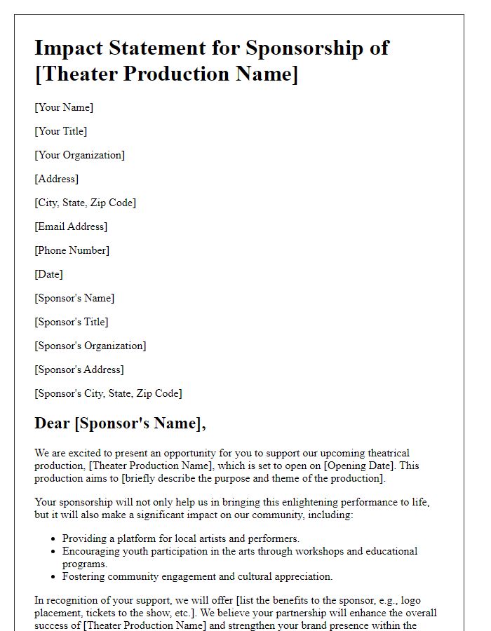 Letter template of impact statement for theater production sponsorship