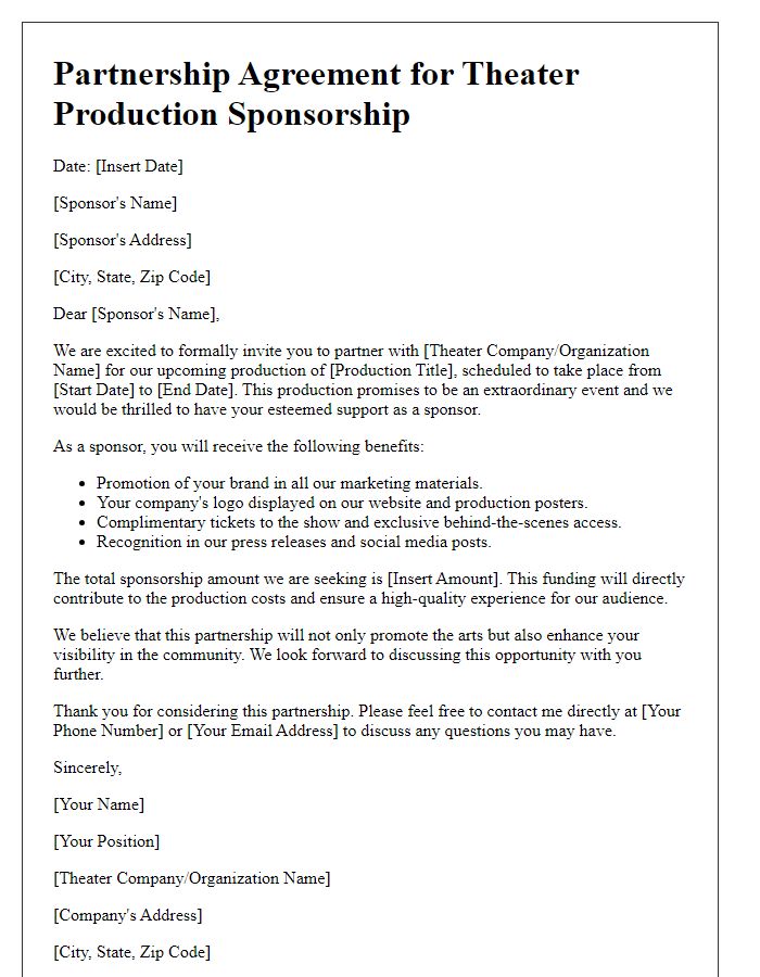 Letter template of partnership agreement for theater production sponsorship