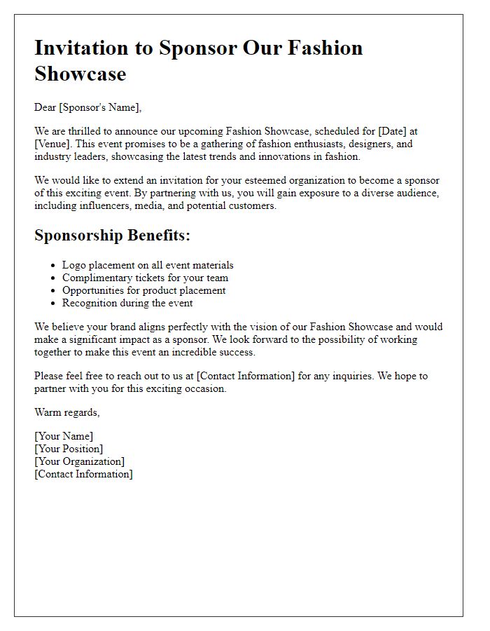 Letter template of fashion showcase sponsorship invitation