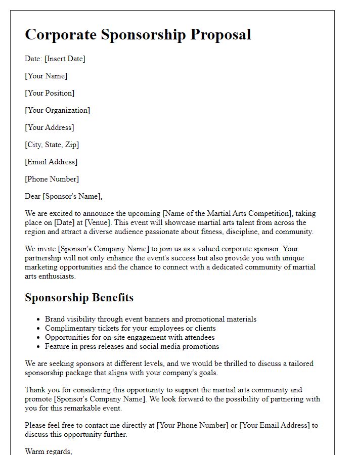 Letter template of corporate sponsorship proposal for martial arts competition.