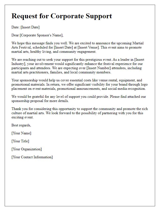 Letter template of corporate support request for martial arts festival.