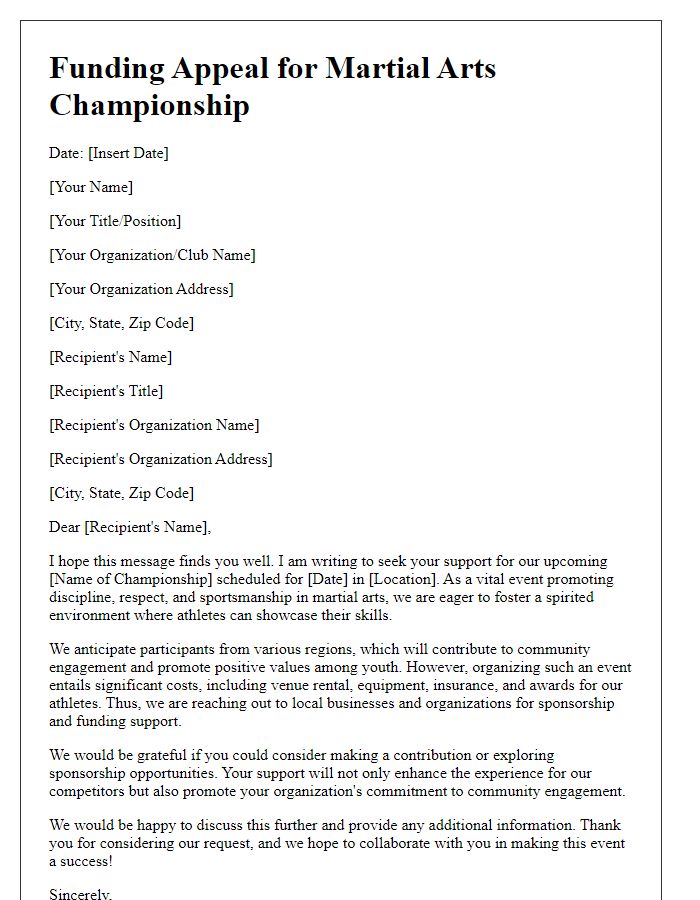 Letter template of funding appeal for martial arts championship.