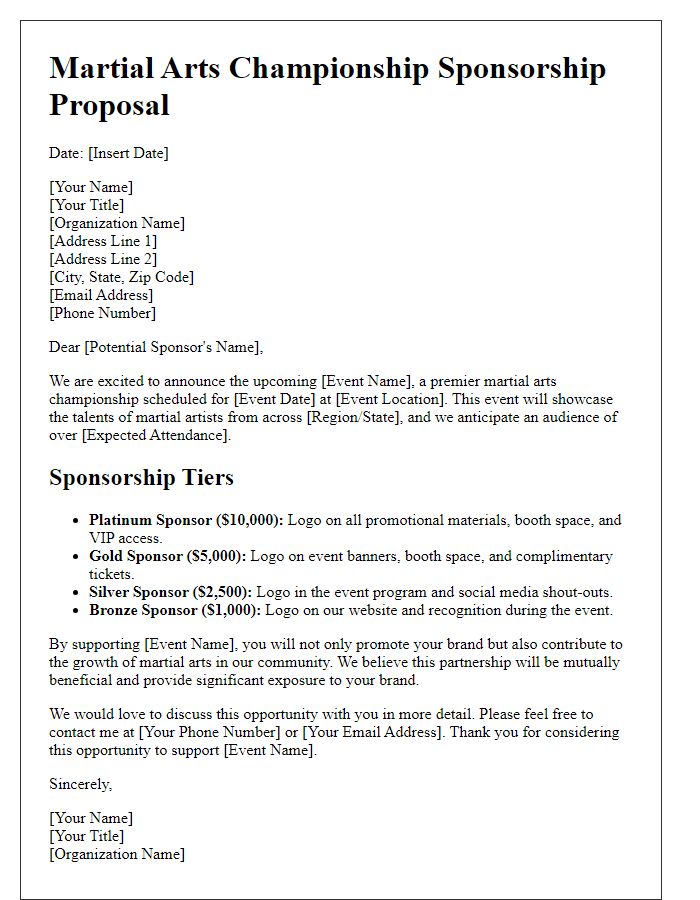 Letter template of multi-tiered sponsorship for martial arts event.