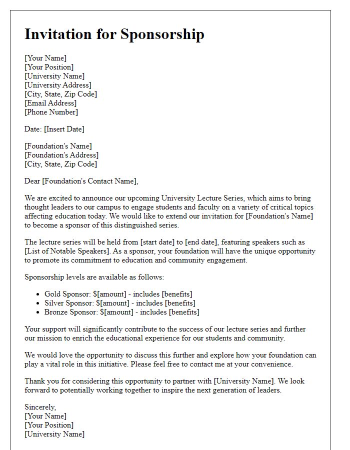 Letter template of university lecture series sponsorship invitation for educational foundations.