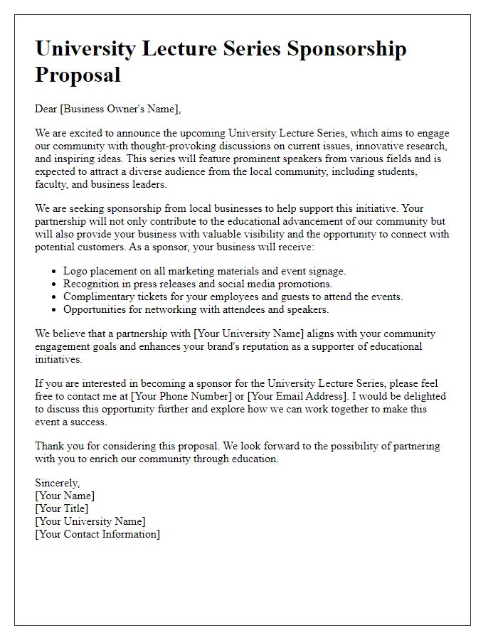 Letter template of university lecture series sponsorship proposal for local businesses.