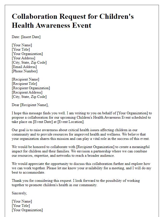 Letter template of collaboration request for children's health awareness event