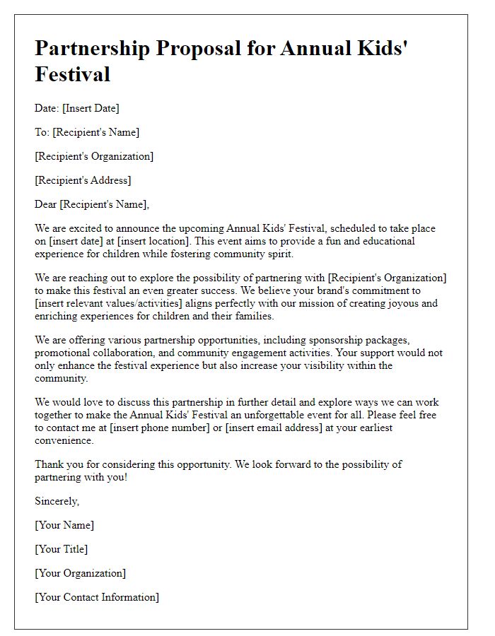 Letter template of partnership proposal for kids' festival