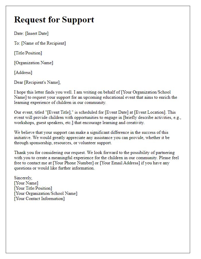 Letter template of request for support for educational children's event