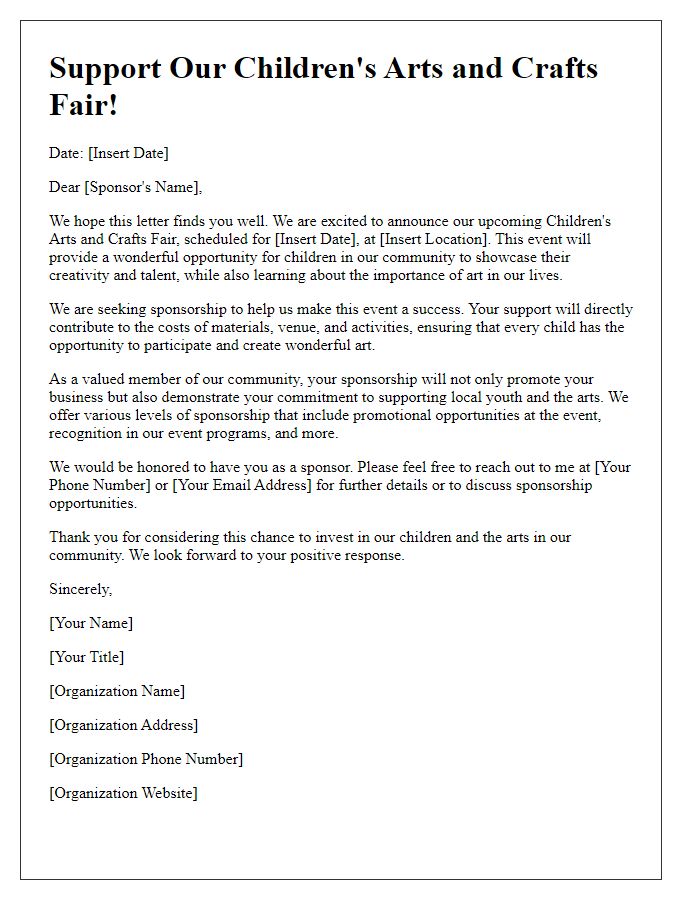 Letter template of sponsorship solicitation for children's arts and crafts fair