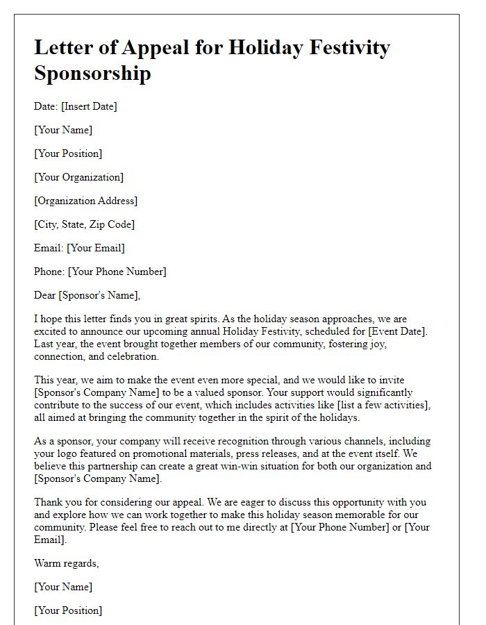 Letter template of Appeal for Holiday Festivity Sponsorship