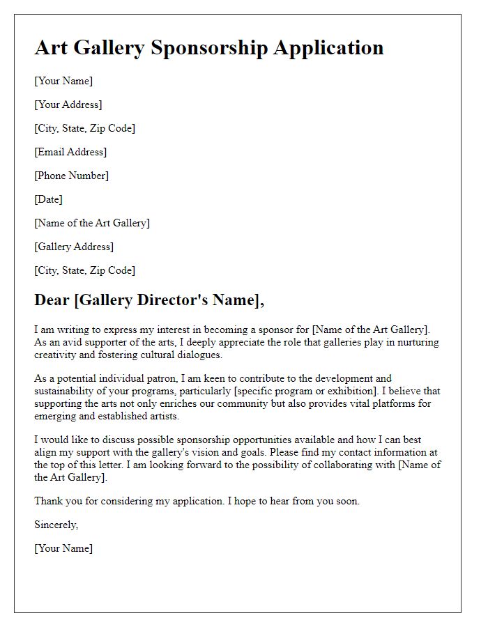 Letter template of art gallery sponsorship application for individual patrons