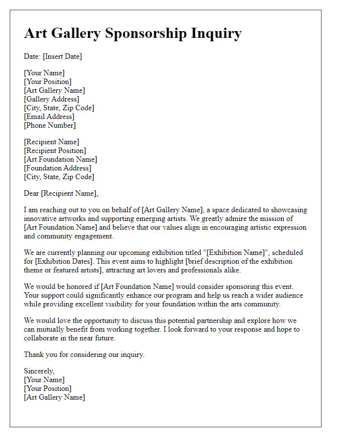 Letter template of art gallery sponsorship inquiry for art foundations