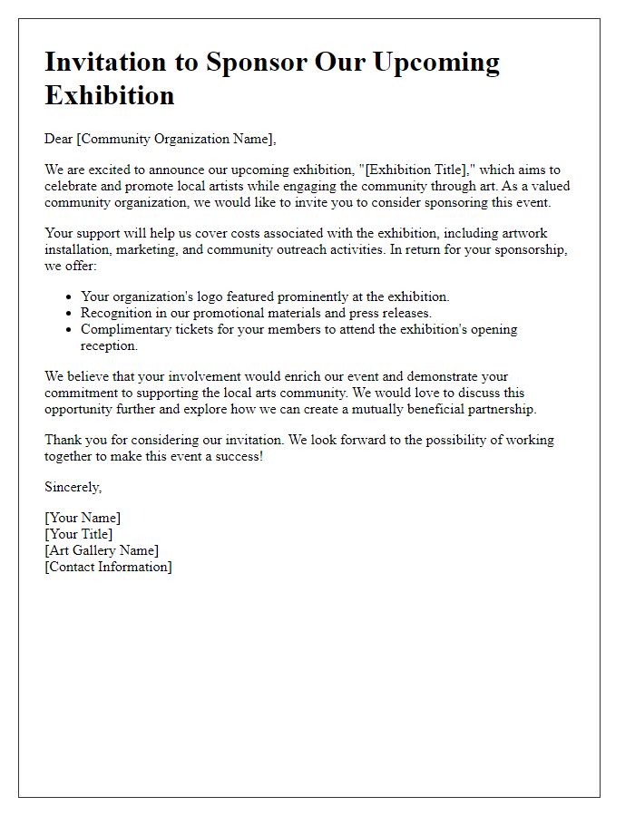 Letter template of art gallery sponsorship invitation for community organizations