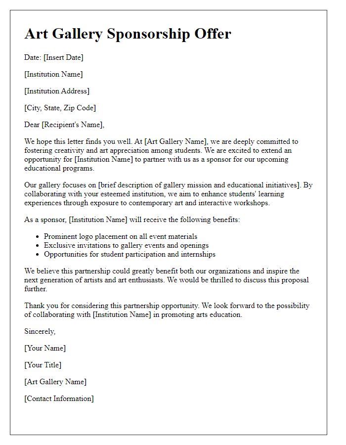 Letter template of art gallery sponsorship offer for educational institutions