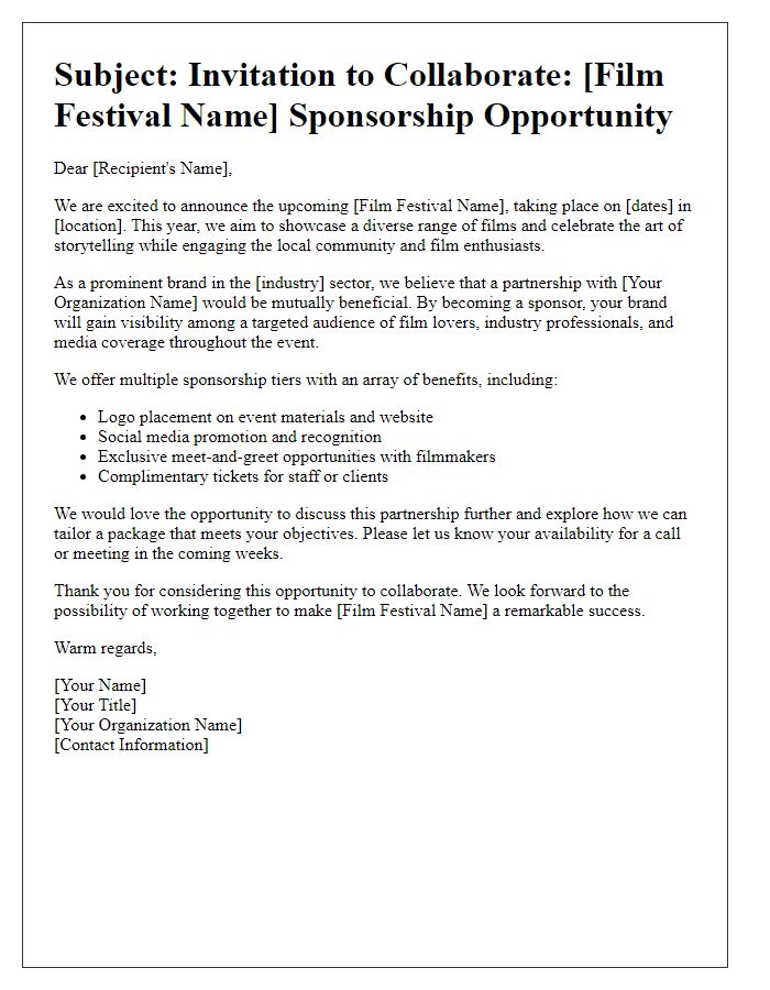 Letter template of film festival sponsorship appeal for brand collaborations.