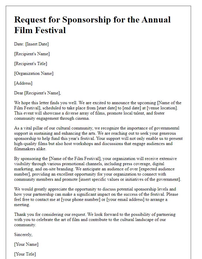 Letter template of film festival sponsorship appeal for government grants.