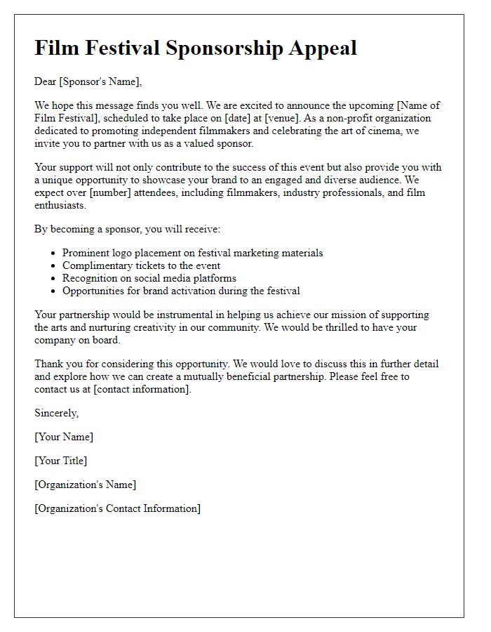 Letter template of film festival sponsorship appeal for non-profit organizations.