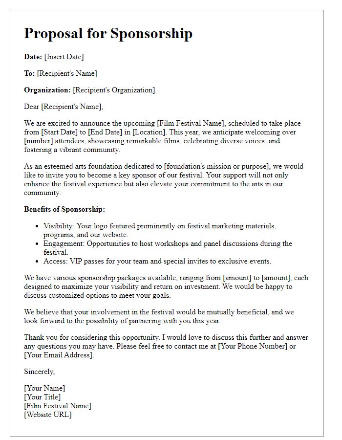 Letter template of film festival sponsorship engagement for arts foundations.