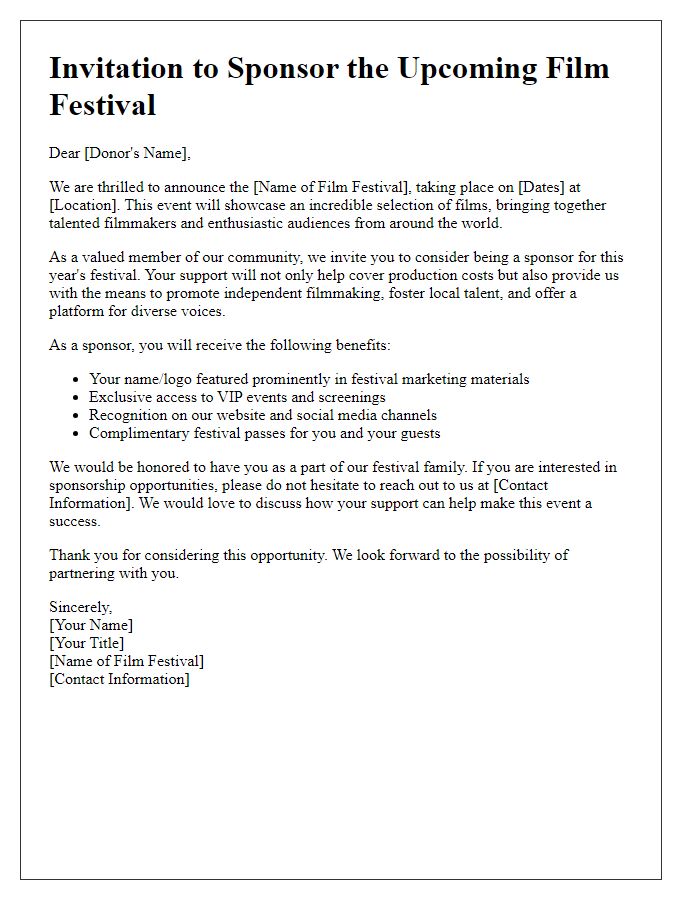 Letter template of film festival sponsorship invitation for individual donors.