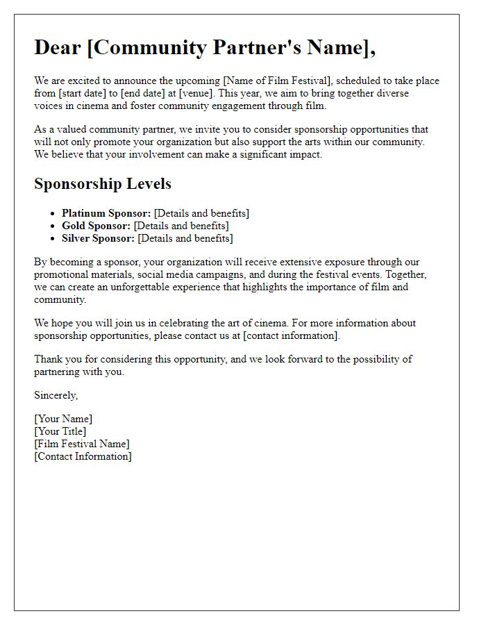 Letter template of film festival sponsorship opportunities for community partners.