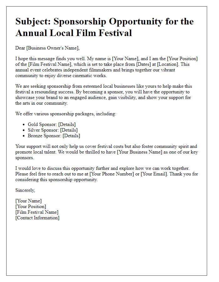 Letter template of film festival sponsorship request for local businesses.