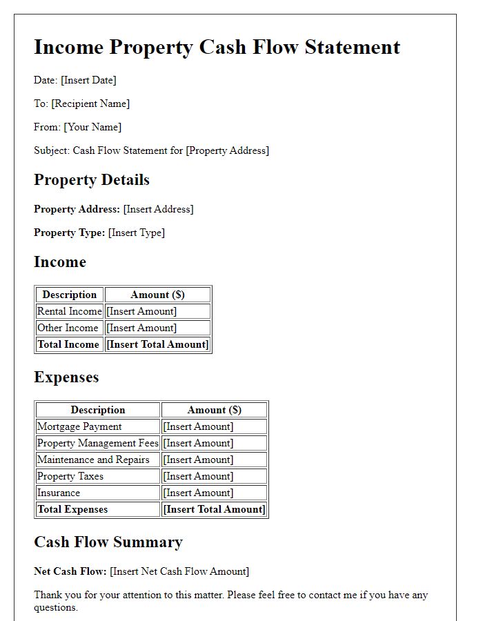 Letter template of income property cash flow statement