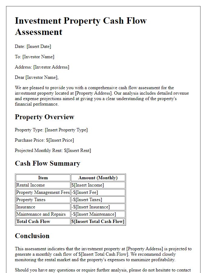 Letter template of investment property cash flow assessment