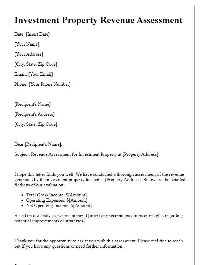 Letter template of investment property revenue assessment