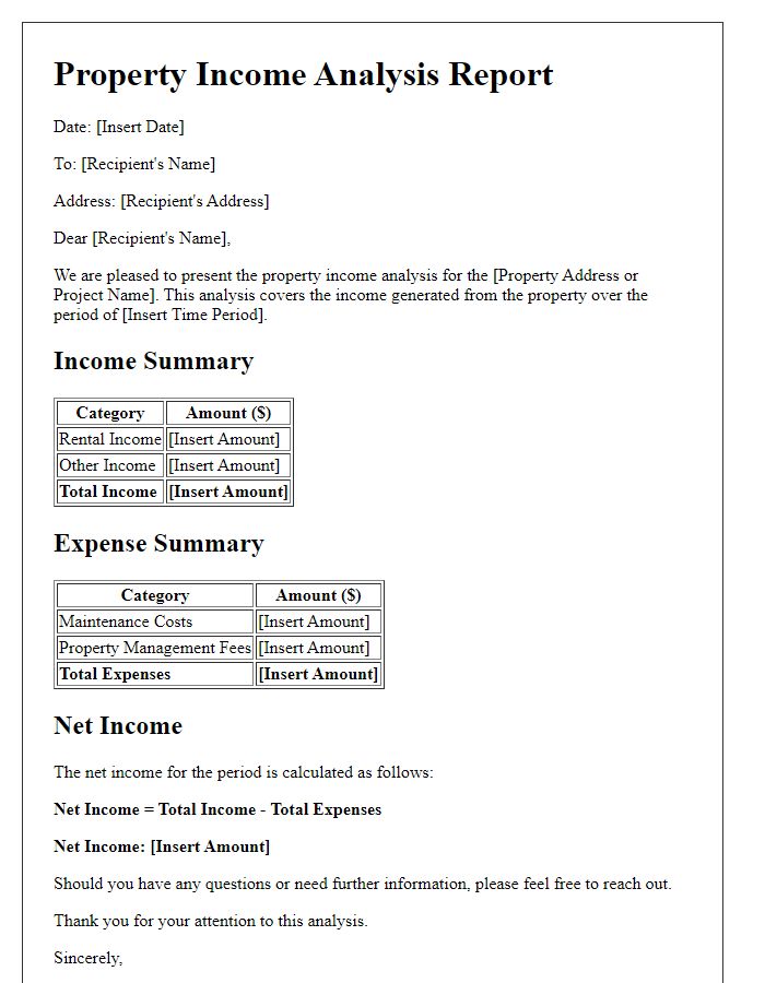 Letter template of property income analysis