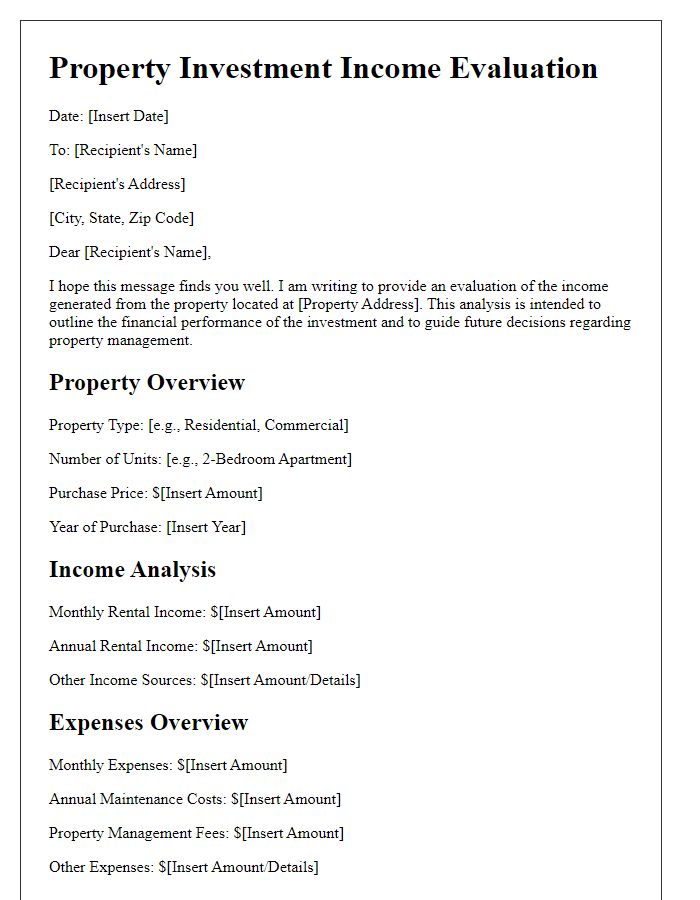 Letter template of property investment income evaluation