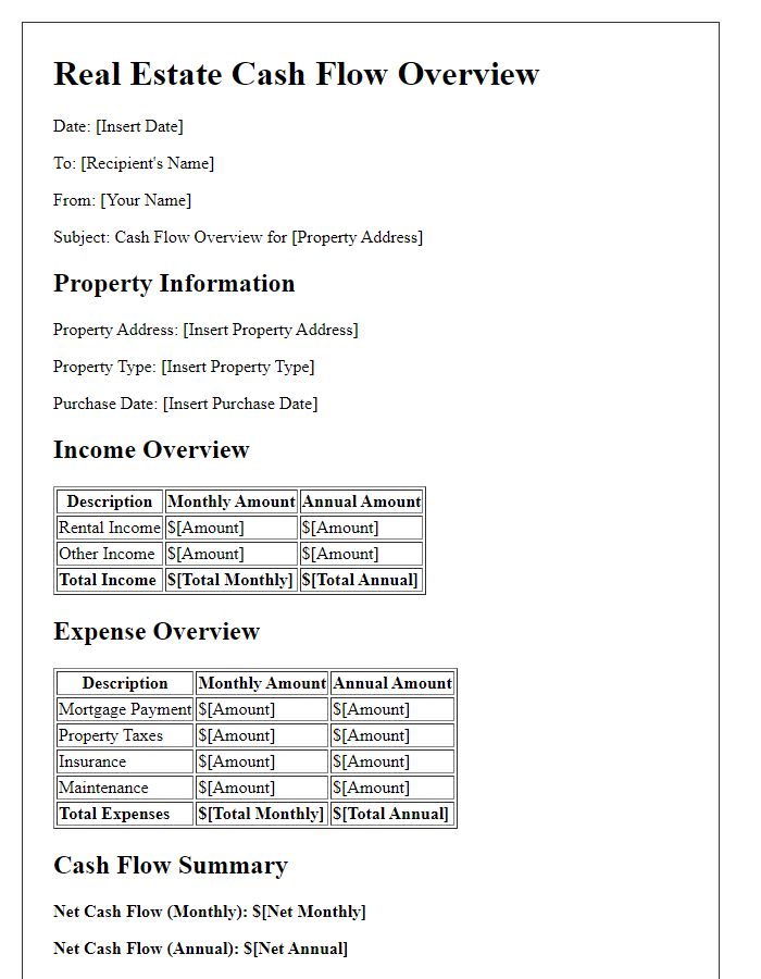 Letter template of real estate cash flow overview