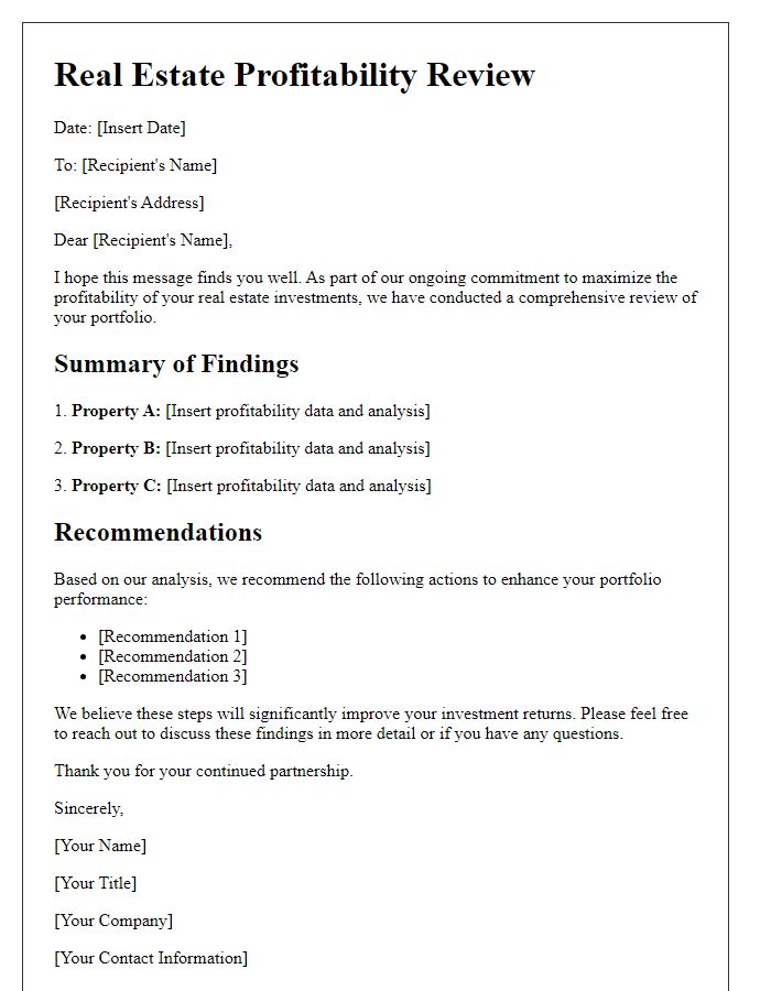 Letter template of real estate profitability review