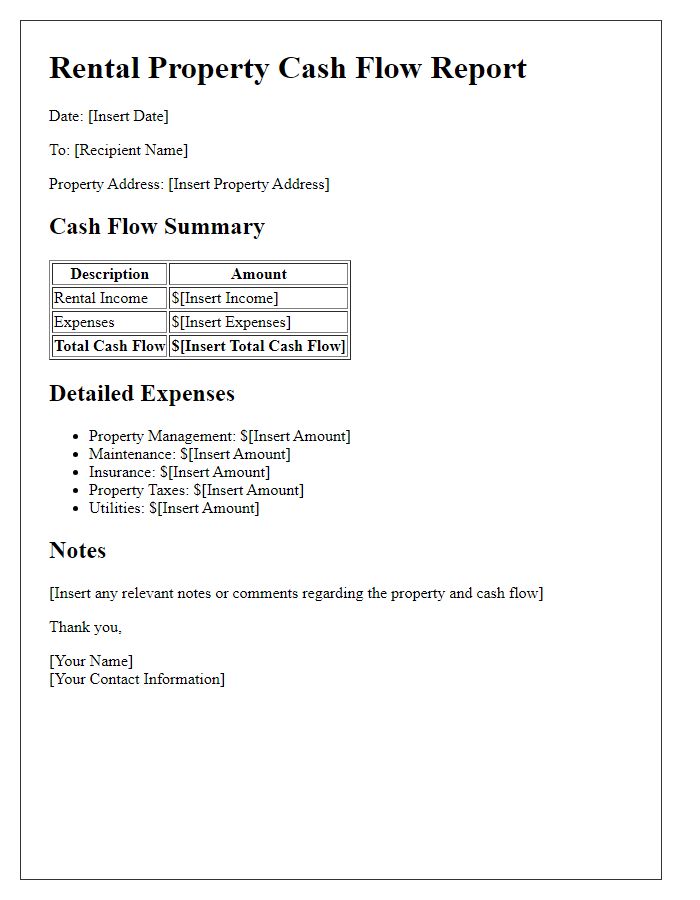 Letter template of rental property cash flow report