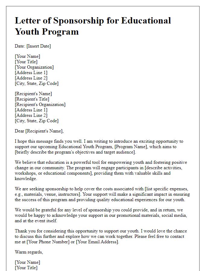 Letter template of educational youth program sponsorship