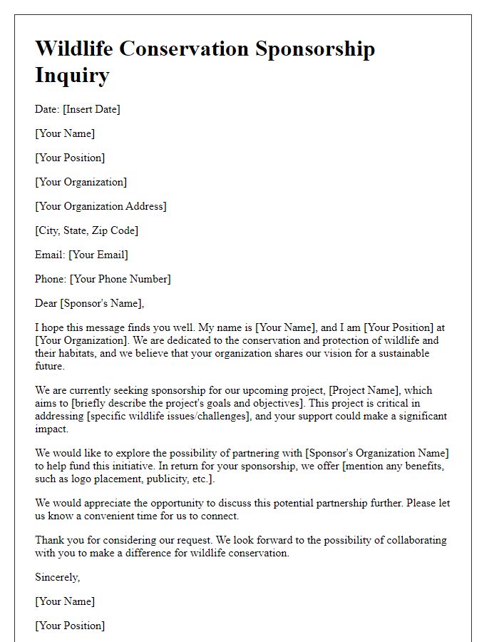 Letter template of wildlife conservation sponsorship inquiry