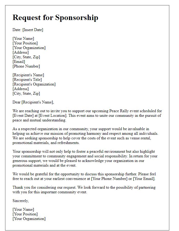 Letter template of community engagement request for peace rally sponsorship