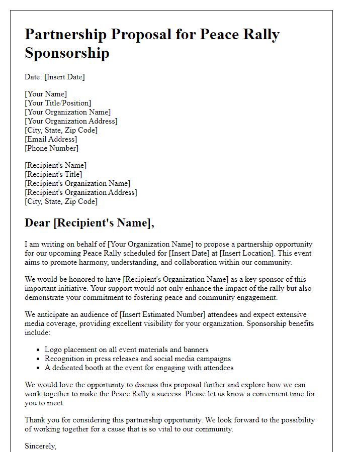 Letter template of partnership proposal for peace rally sponsorship