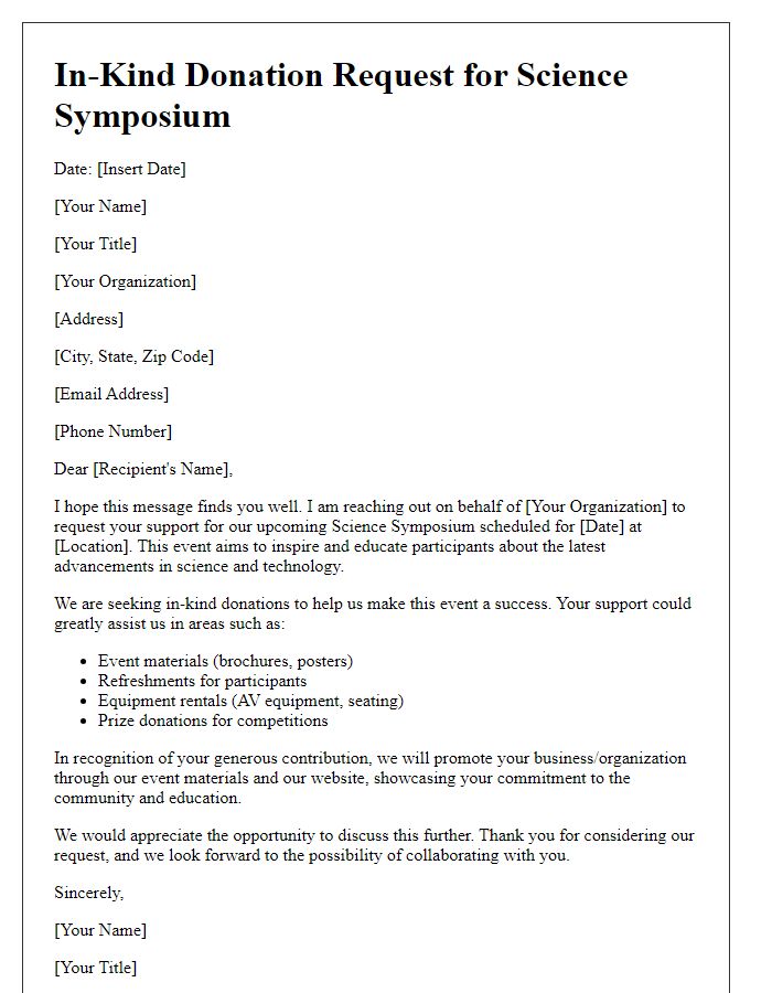 Letter template of in-kind donation request for science symposium