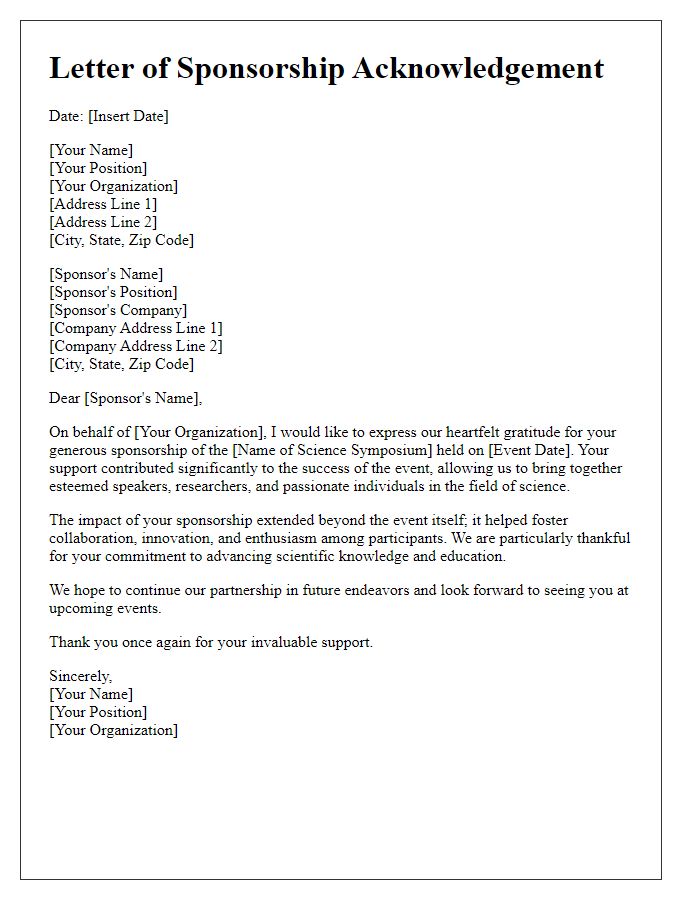 Letter template of sponsorship acknowledgement for science symposium