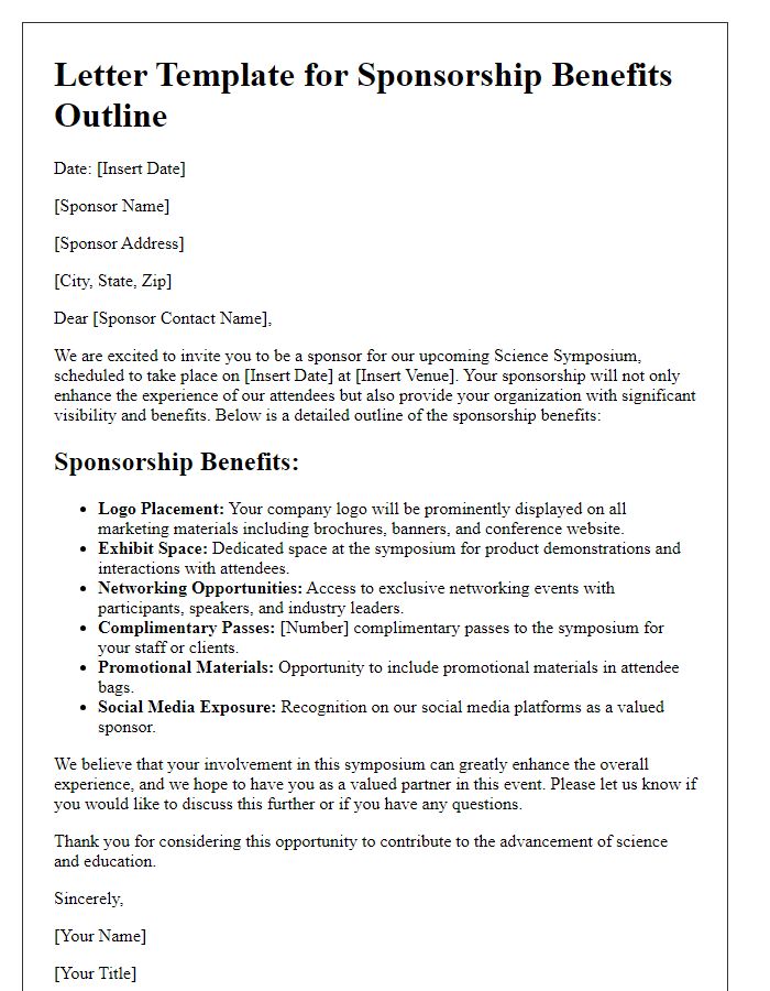 Letter template of sponsorship benefits outline for science symposium