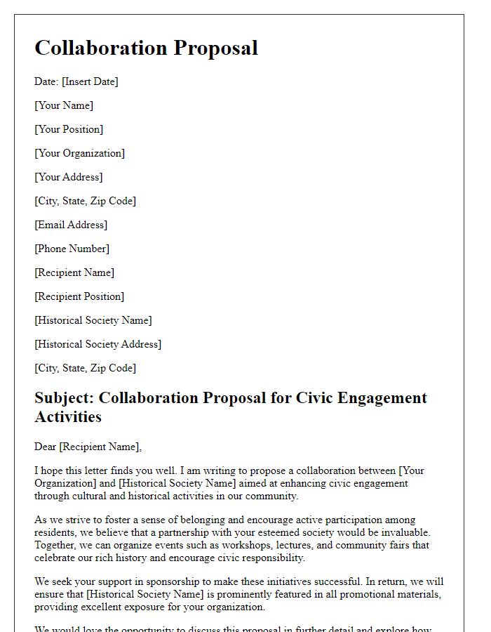 Letter template of collaboration proposal for historical society sponsorship for civic engagement activities.