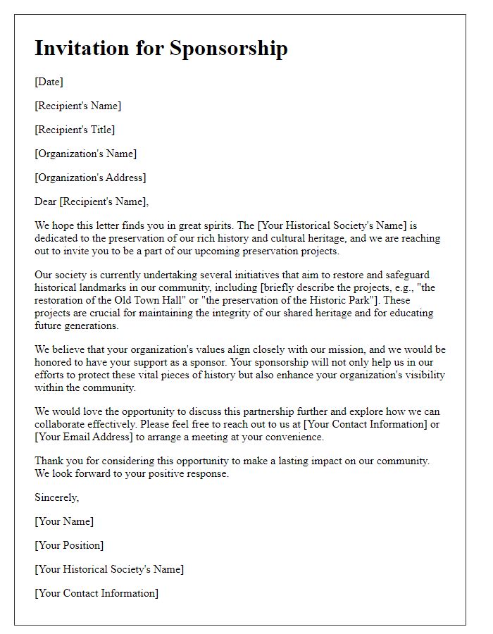 Letter template of invitation for historical society sponsorship for preservation projects.